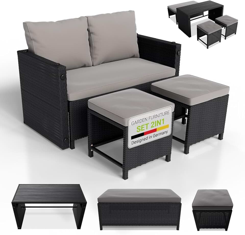 etevert - Jamaika 2 en 1 - table, banc, 2 tabourets, coussins lavables, noir gris, jusqu'à 4 personnes