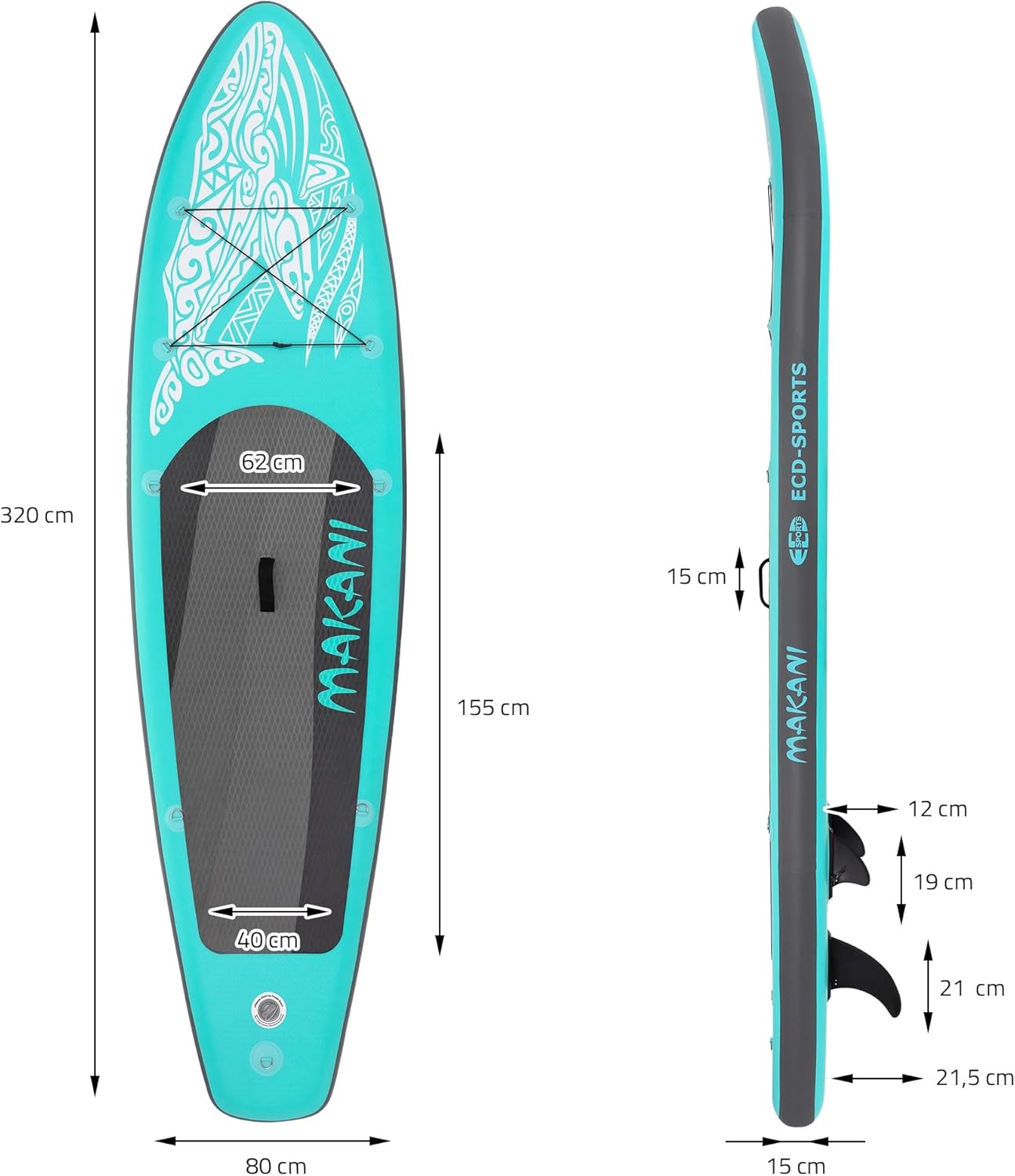 etevert - Stand Up Paddle Board - 305/308/320/380 cm - PVC, jusqu’à 150 kg, 10/15 cm, sac, pompe