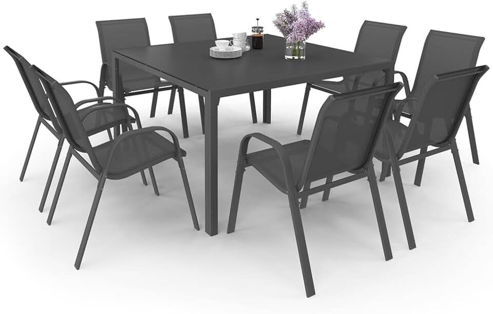 etevert - Madrid salon de jardin carré 130 cm, 8 chaises empilables, gris anthracite
