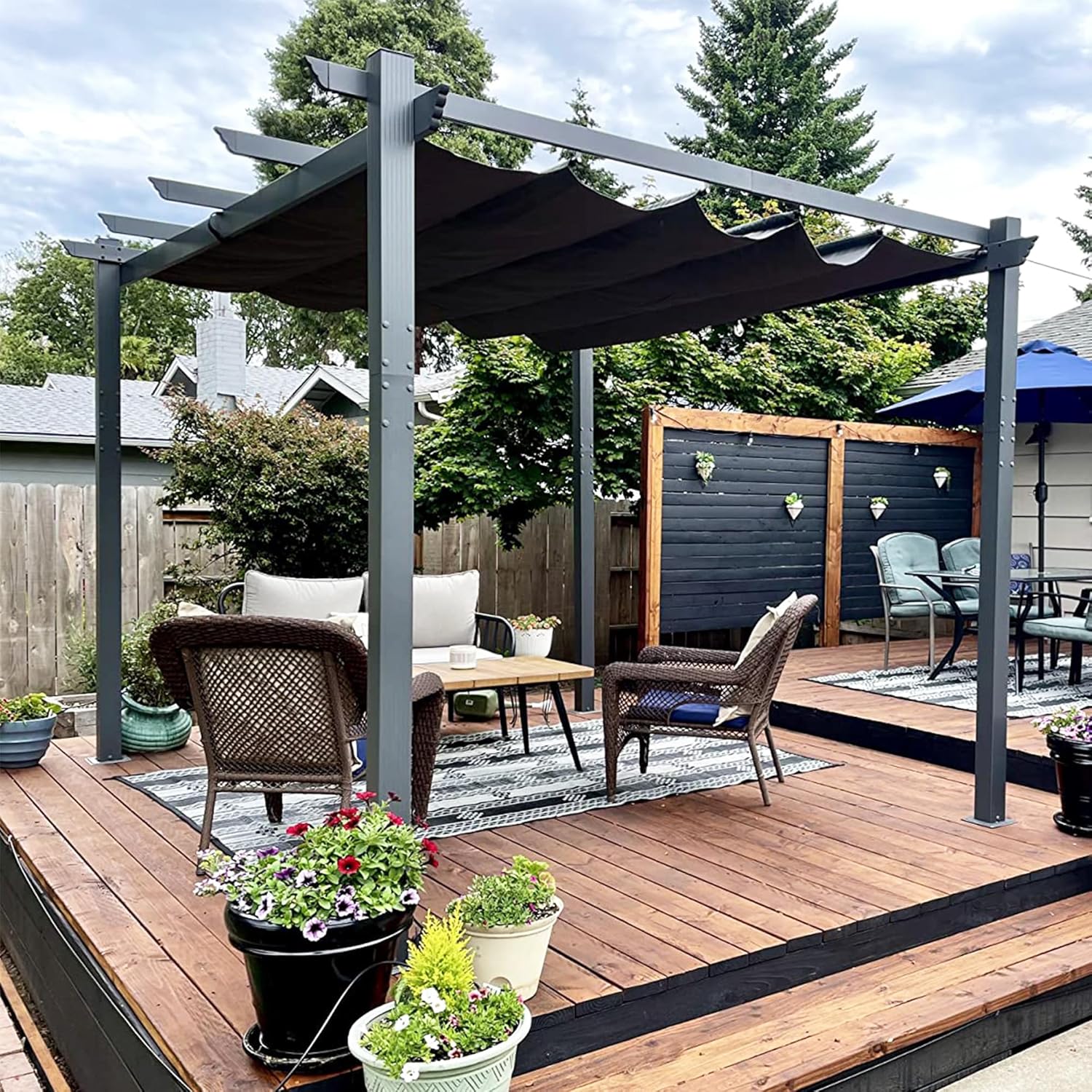 etevert - Pergola aluminium, 3,65x3m, toile coulissante, gris