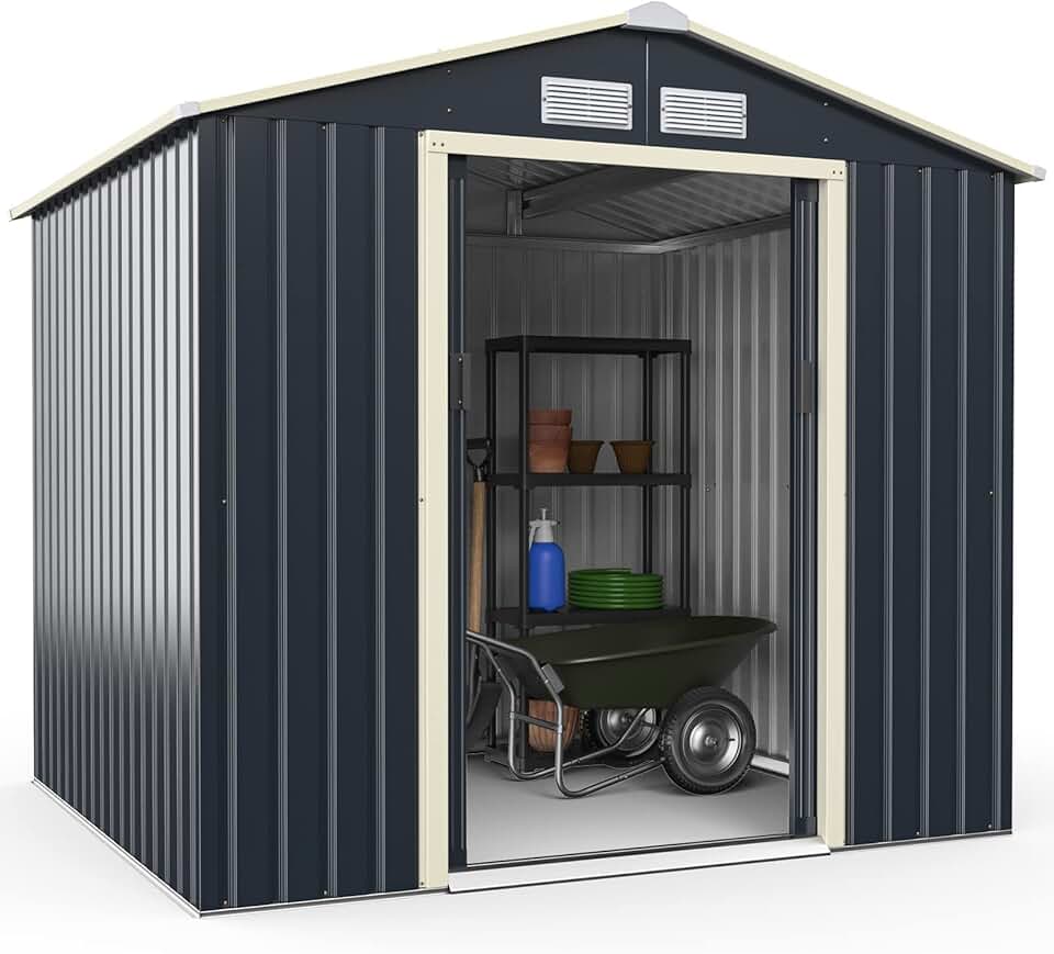 etevert 3,73㎡ Abri de Jardin Métal Galvanisé, Cabine de Jardin Extérieur Portes Coulissantes, Résistant aux Intempérie, Cabane de Rangement Outils, 213 x 191 x 195 cm, Gris