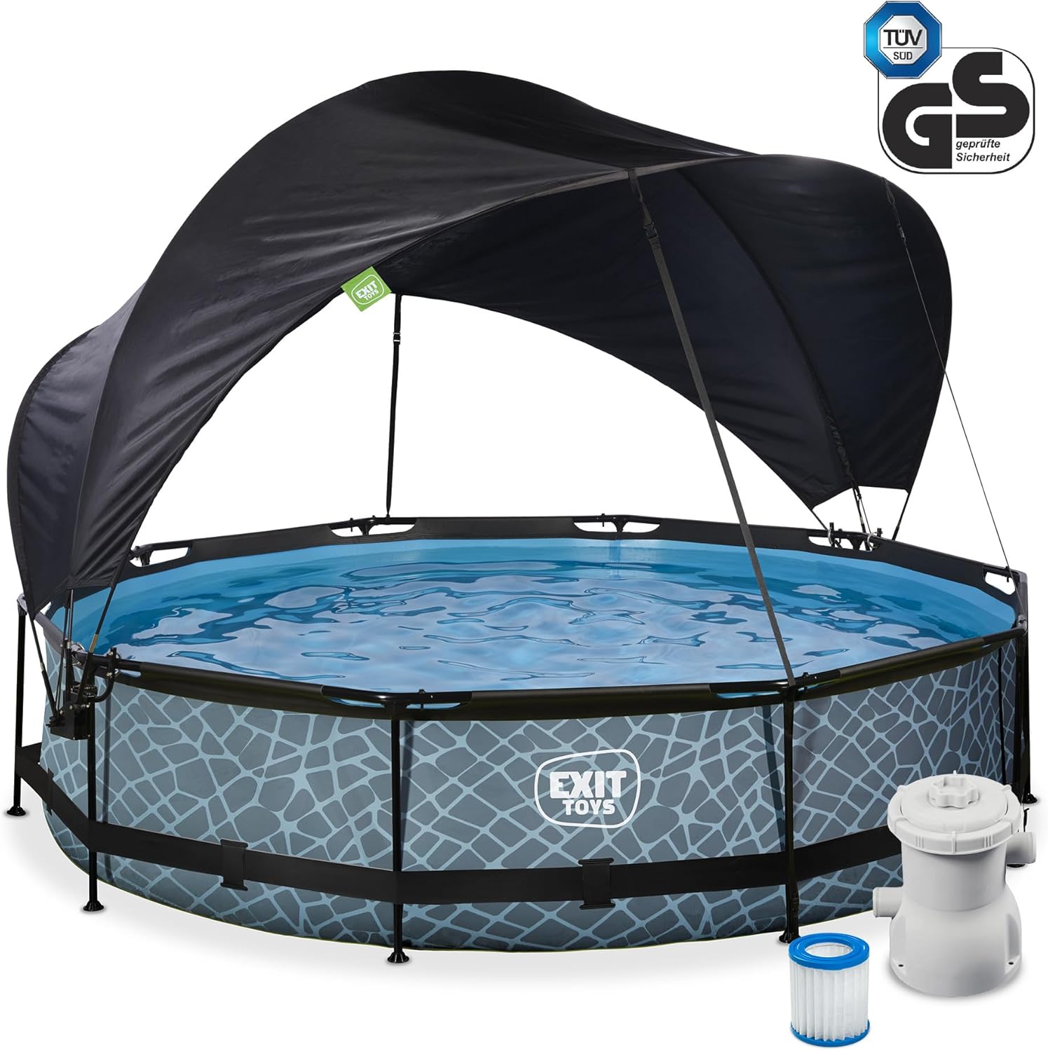 etevert Piscine Stone avec Voile d'Ombrage - ø360x76cm - Piscine Hors Sol Ronde avec Pompe Filtrante à Cartouche - Protection Optimale Contre Les Rayons UV - Entrée Basse - Design Unique - Gris