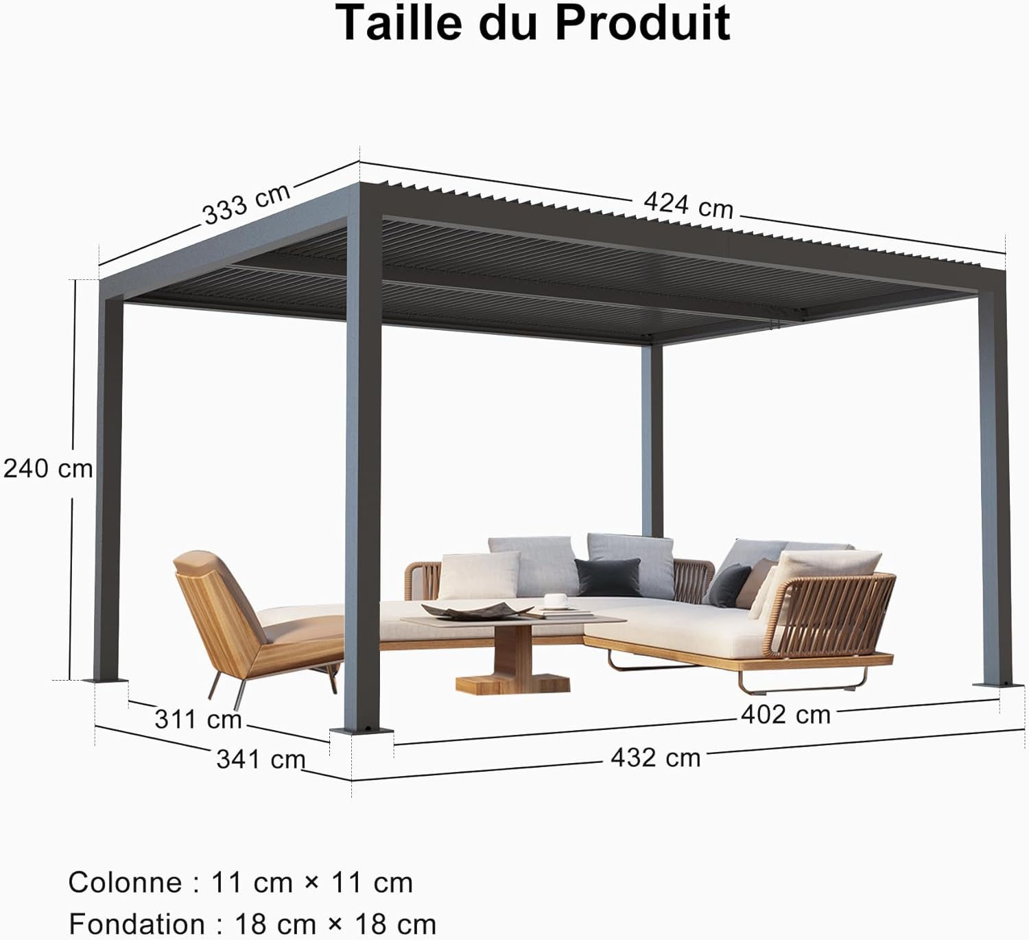 etevert - Pergola Bioclimatique - 4,24 x 3,3 m - Aluminium, lames orientables, commande indépendante, gris