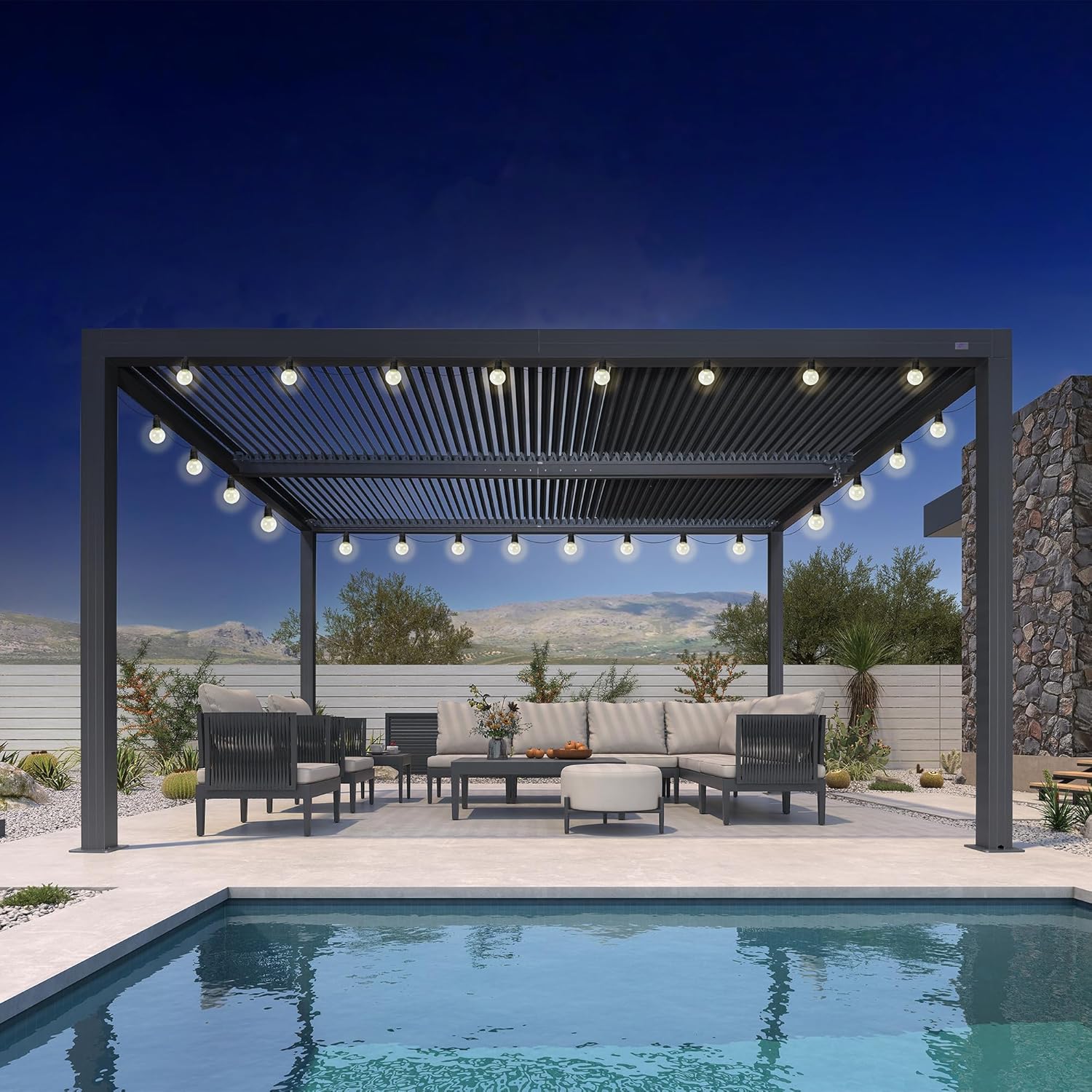etevert - Pergola bioclimatique série aluminium - 4,6x3,3 m - lames orientables, éclairage intégré