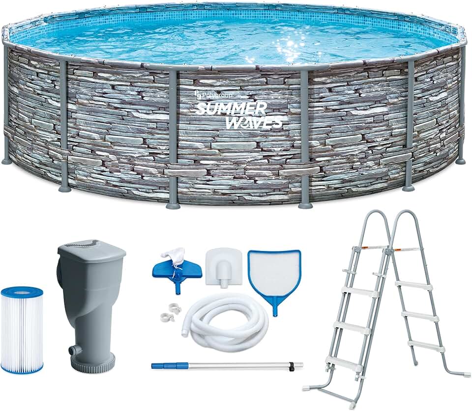 etevert - Frame Pool Kit rond - 427x107 cm - aspect pierre grise, pompe à filtre