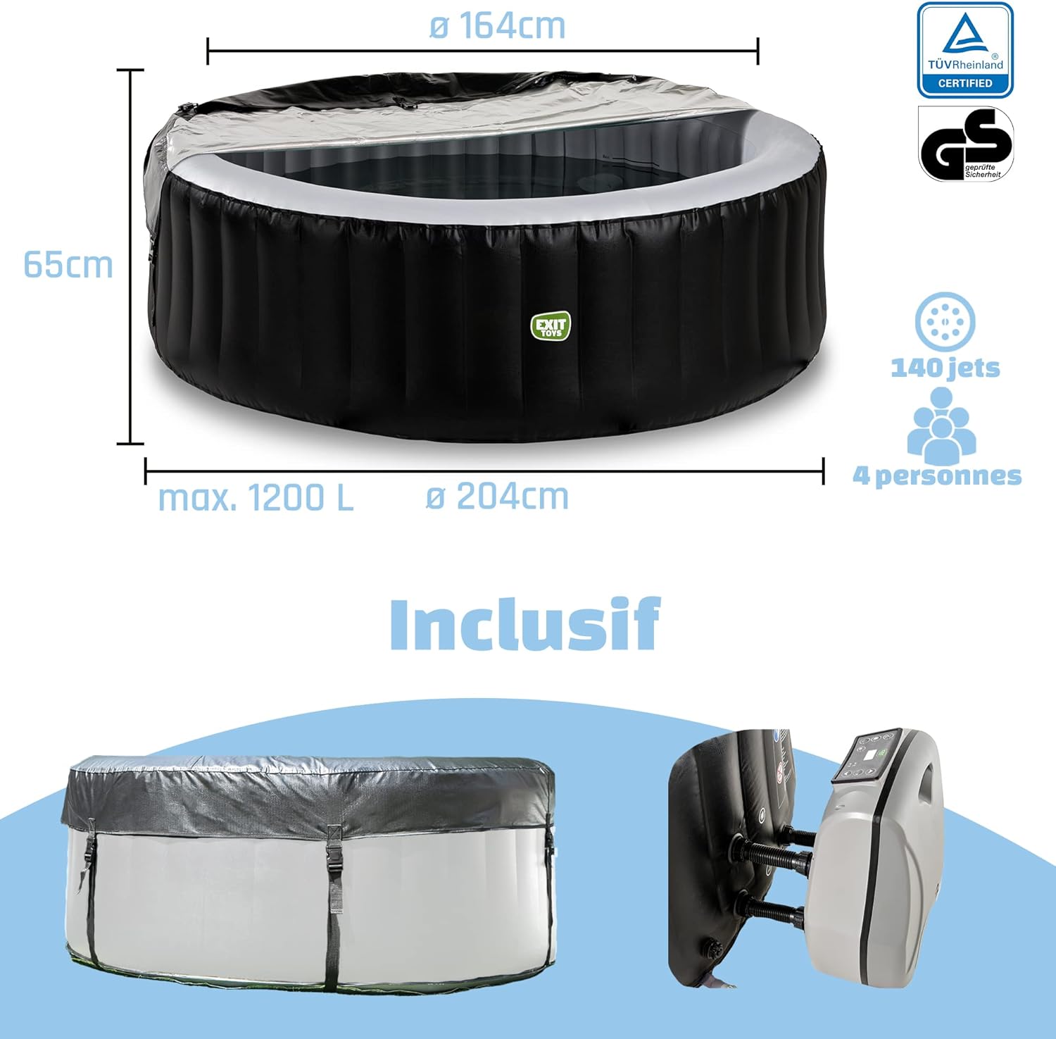 etevert - Silver Classic Spa - 204x65cm - 4 places, chauffage, 140 jets d'air, filtration