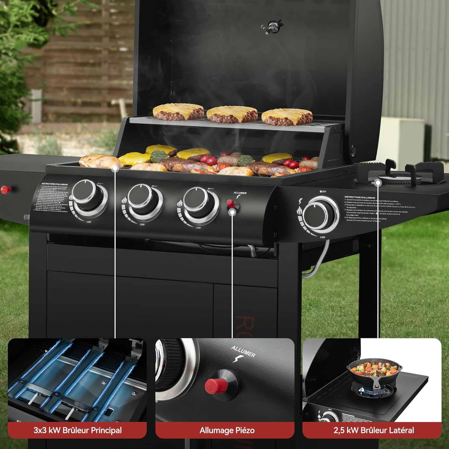 etevert - barbecue gaz 3+1 brûleurs inox - 11,5 kW - chariot, 2 roues, thermomètre