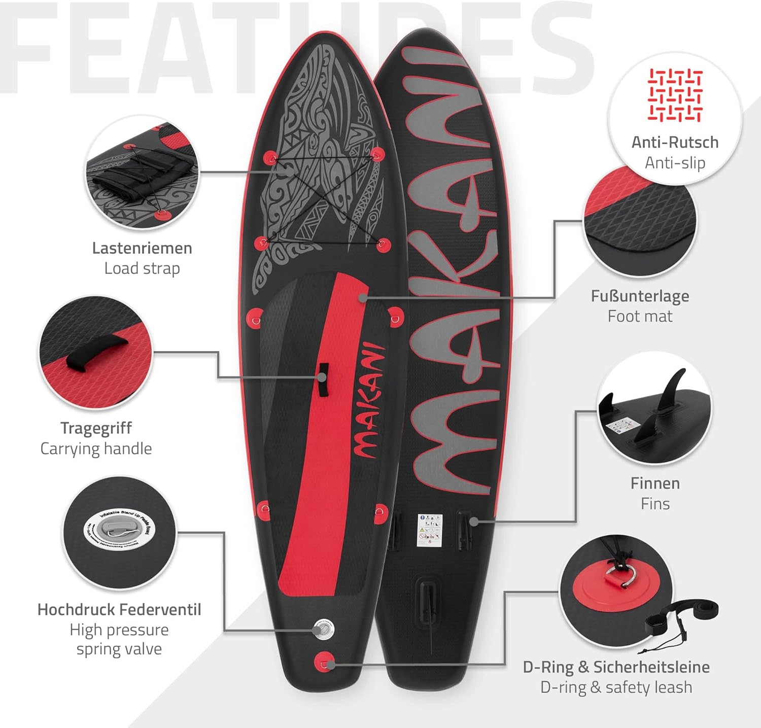 etevert - Stand Up Paddle Board - 305/308/320/380 cm - PVC, 120/150 kg, 10/15 cm d'épaisseur