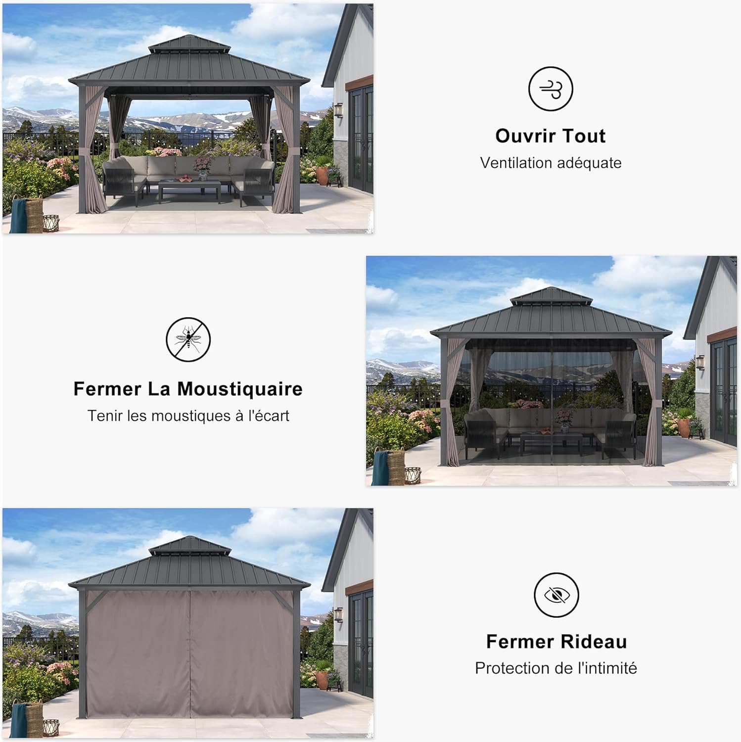 etevert Tonnelle de Jardin Extérieur 3,65 x 3,65 m avec Guirlande Lumineuse, Pavillon Aluminium à Double Toit en Acier Galvanisé, Pergola Jardin Extérieur avec Rideaux pour Fête, Barbecue, Gris