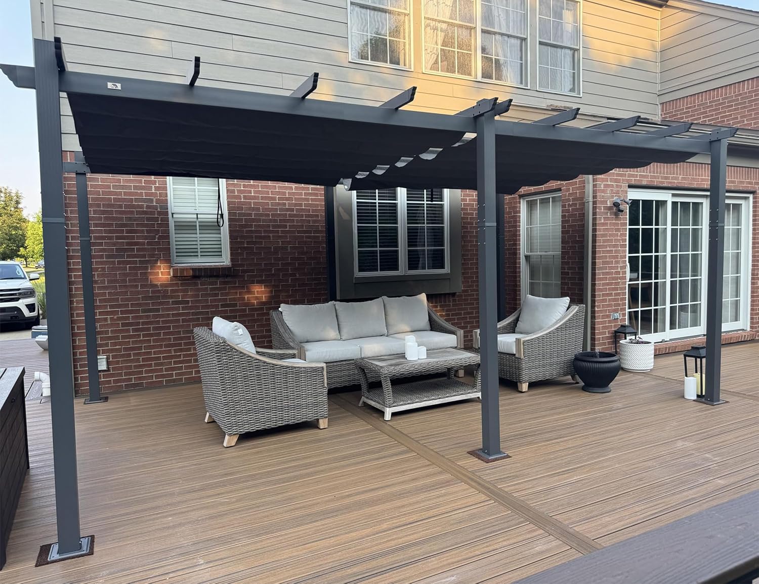 etevert - Pergola Aluminium - 5,5 x 3,5 m - Toit coulissant, tissu teint en fil, gris