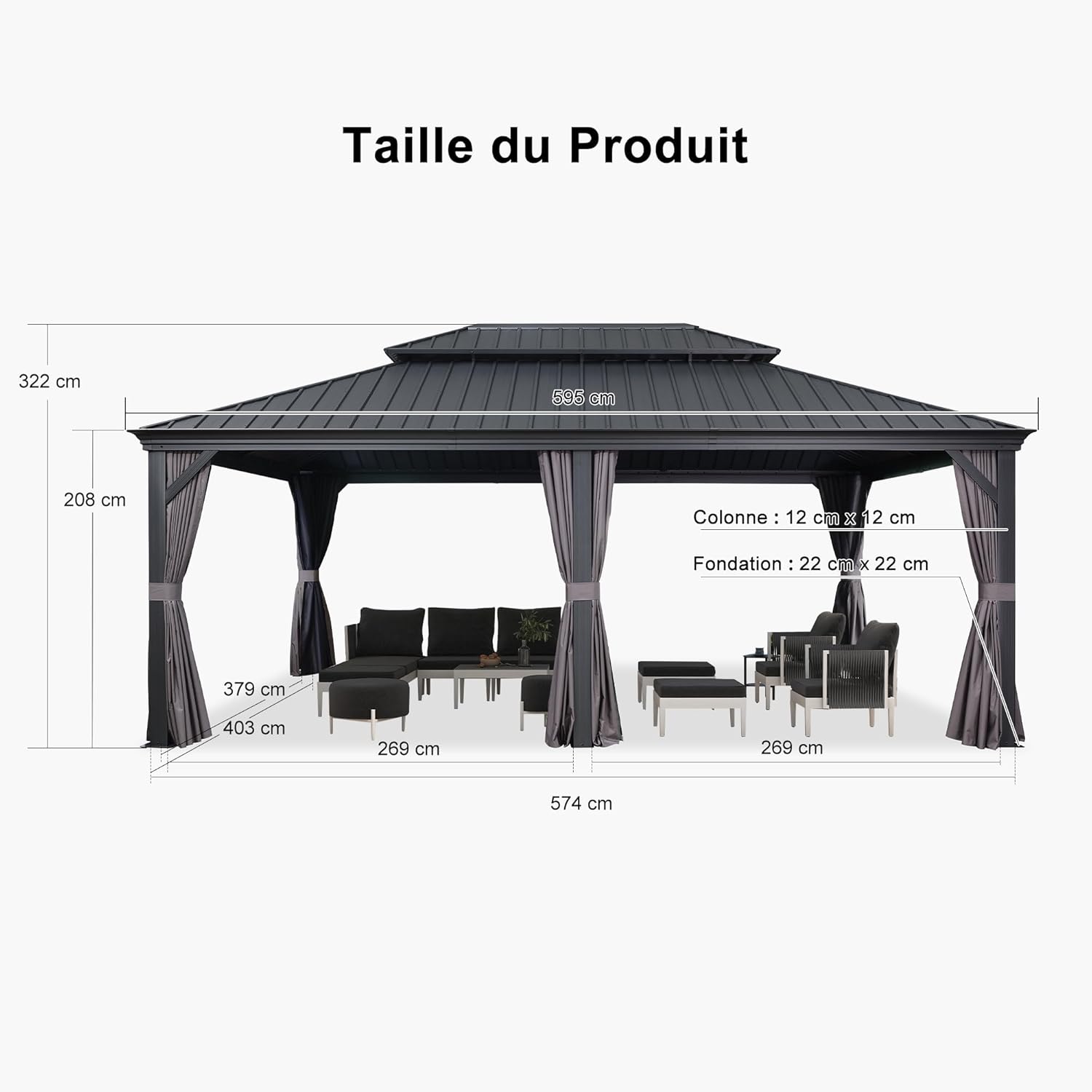 etevert - Pergola Série 6x4,25m - alu, leds, rideaux, gouttière