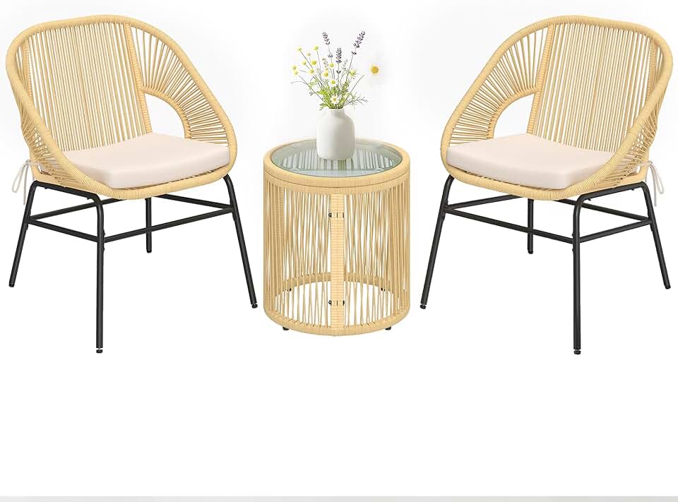 etevert - ensemble bistro 3 pcs - fauteuils confort, table verre - coussins déhoussables, résine tressée, beige