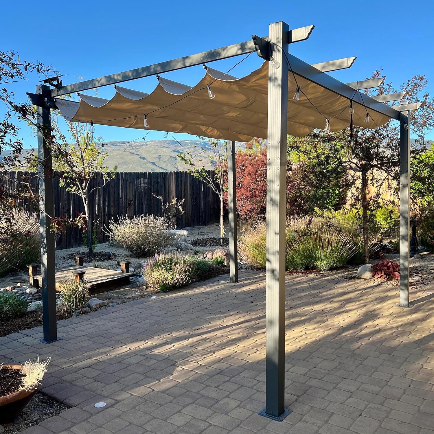 etevert - pergola aluminium série - 4x3,2m - toile teintée, toit coulissant, kaki
