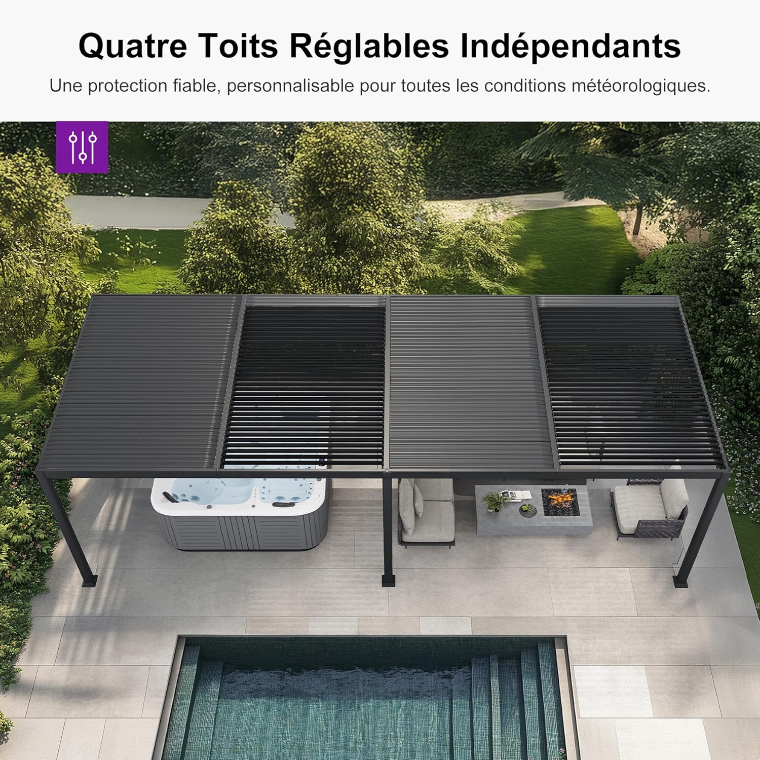 etevert - Pergola bioclimatique série - 3,5x8,5m - aluminium, lames orientables, jardin, terrasse, gris