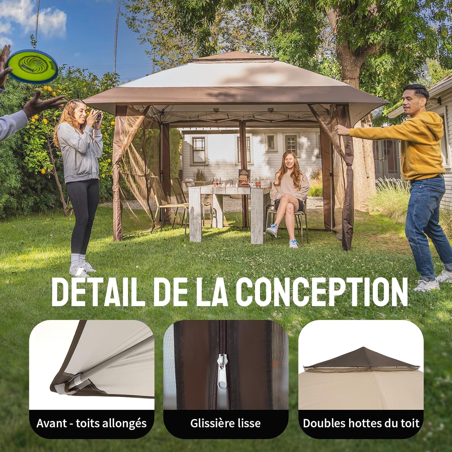 etevert Tonnelle de Jardin 4 x 4 m, Pop Up Gezebo Exterieur Imperméable, Abri de Jardin Réglable en Hauteur, Double Toit avec Côtés en Maille Zippée, Sac de Transport, Beige