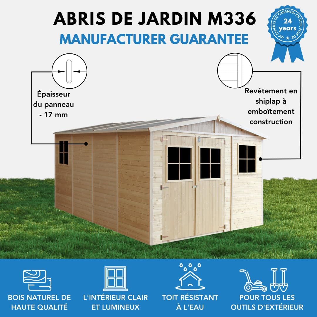 ABRI de Jardin en Bois Exterieur avec Les PLANCHERS IMPRÉGNÉ - en Pin/épicéa- H226x324x416 cm/12 m²- Construction de Panneaux- Rangement pour vélos, Remise à Outils- etevert M336+M336G
