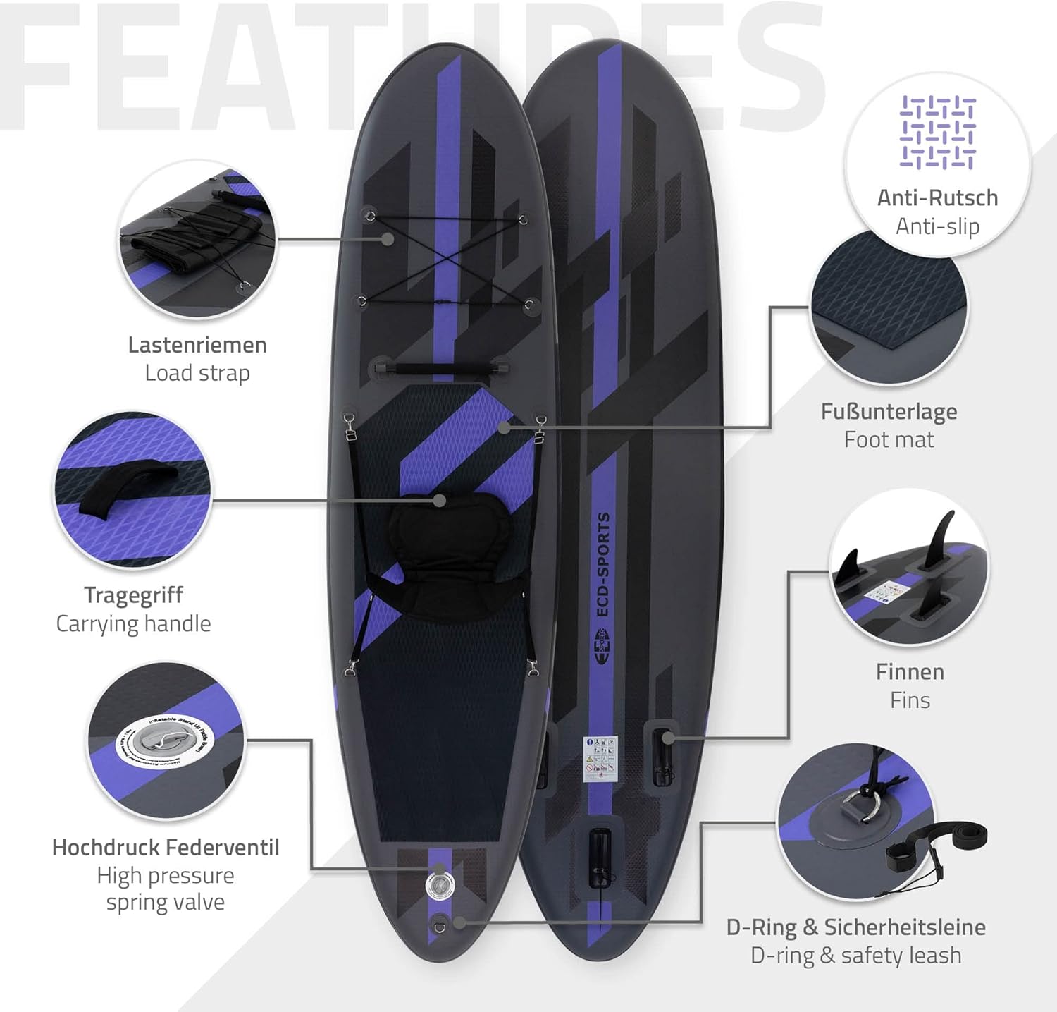 etevert - Stand Up Paddle Gonflable - 305/308/320/380 cm - PVC, 120/150 kg, 10/15 cm