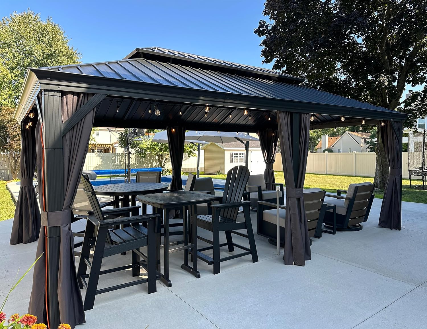 etevert - tonnelle aluminium - 6x3,65m - LED, rideaux, gouttière, gris