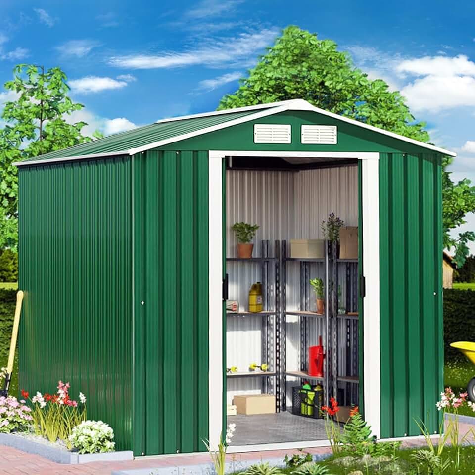 etevert Abri de Jardin Métal Extérieur 2.7㎡ Acier Galvanisé avec Fondation, Toit Penché, 4 Persiennes, Double Porte Coulissante, Cabane Jardin Exterieur avec Rampe, pour Vélo, Poubelle, 213x127x185CM