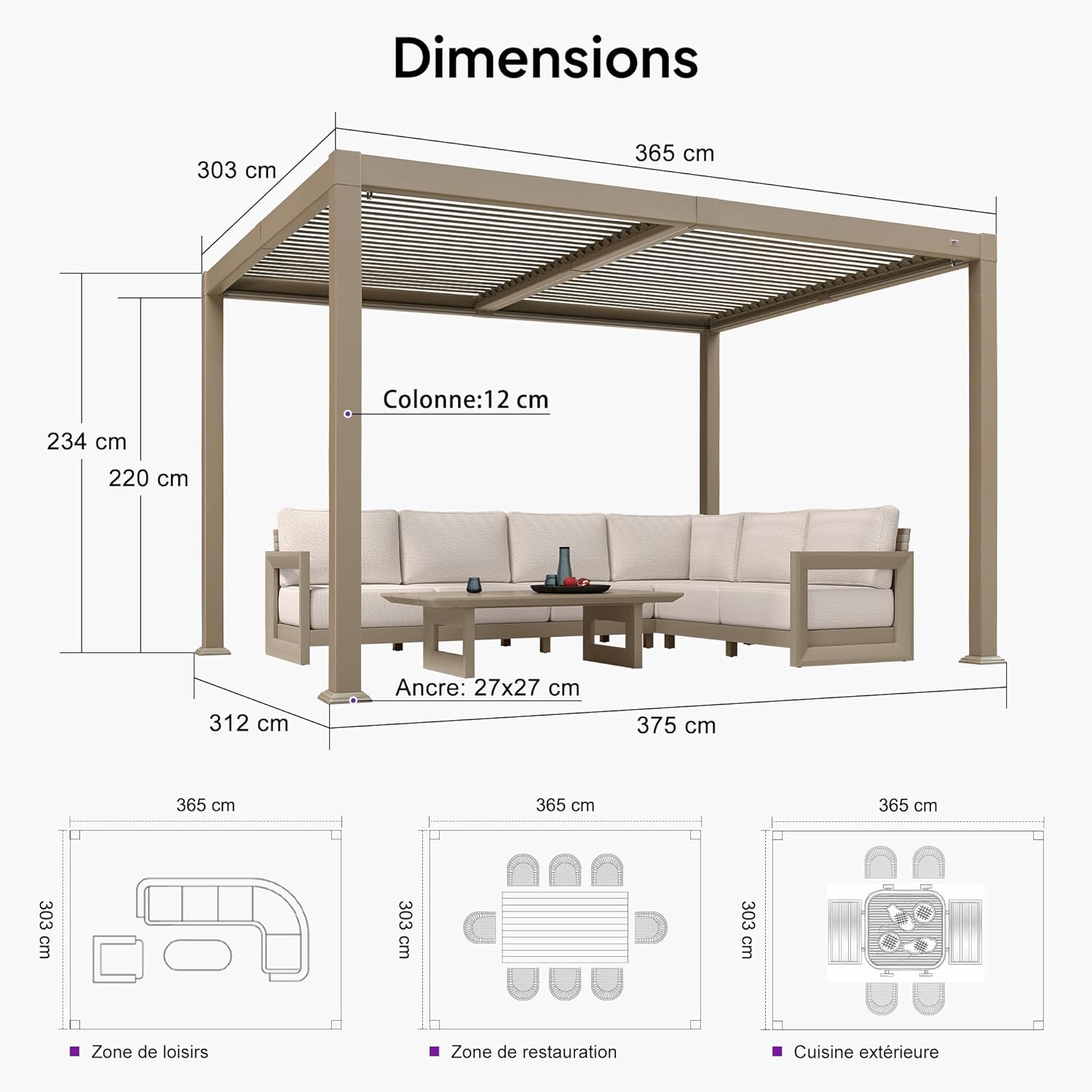 etevert - pergola bioclimatique LED - 3x3,65m - alu, lames orientables, étanche
