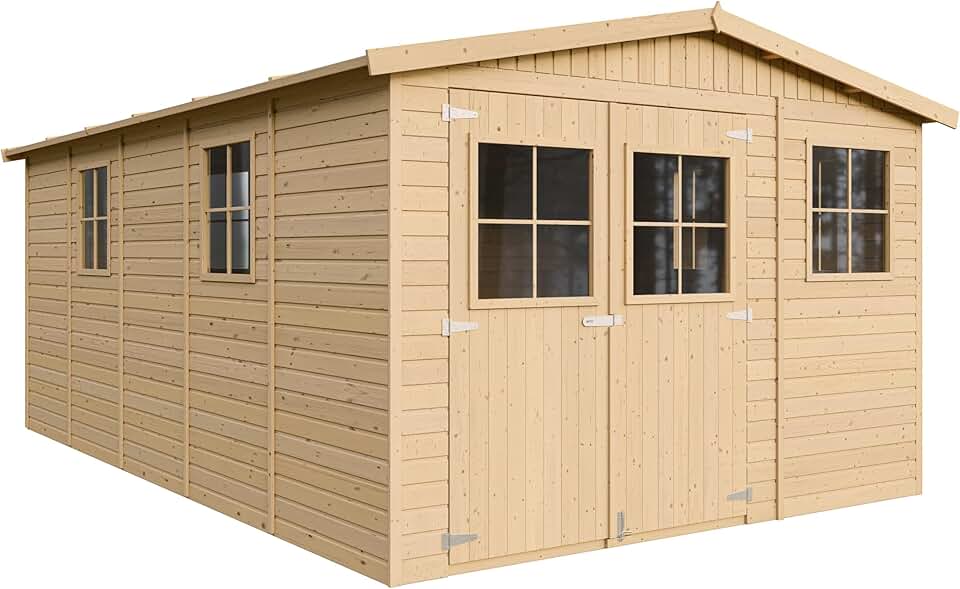 Abri de Jardin en Bois Naturel - Stockage extérieur avec fenêtres- H226x324x516 cm/15 m² Hangar en Bois Naturel - Atelier Rangement Outils et vélos- etevert M337