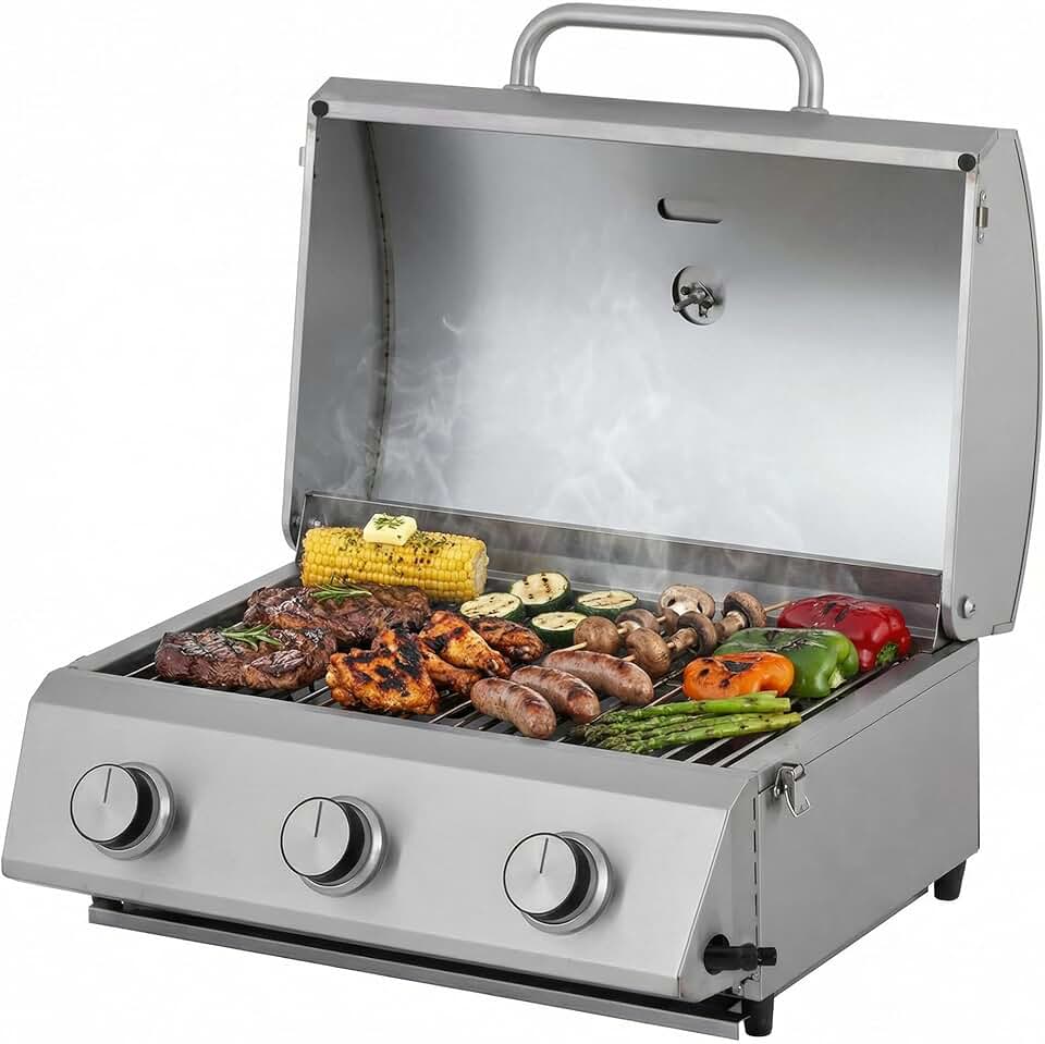 etevert - Barbecue à gaz portable - inox - 3 brûleurs, thermomètre, allumage piézo - CATHAN