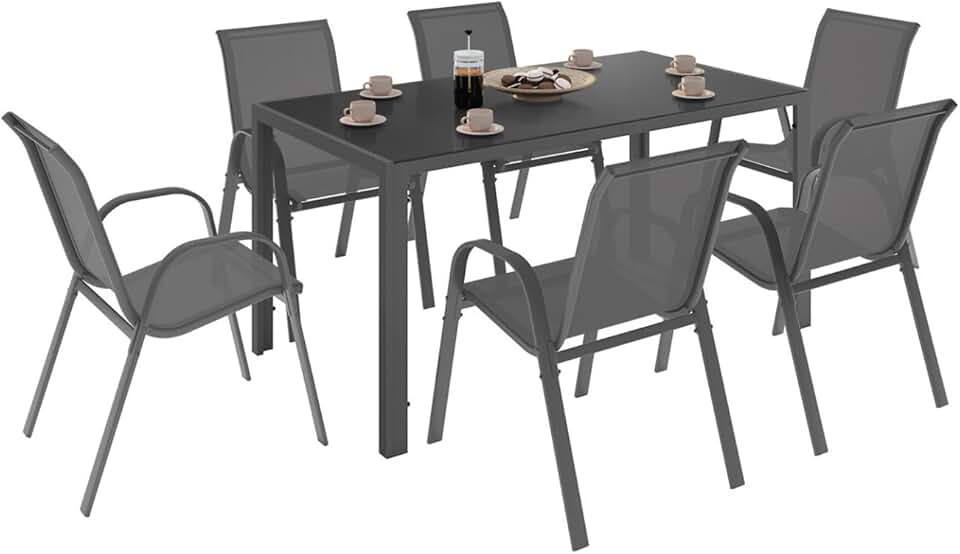 etevert - Salon de jardin Madrid 150cm, 6 chaises empilables gris