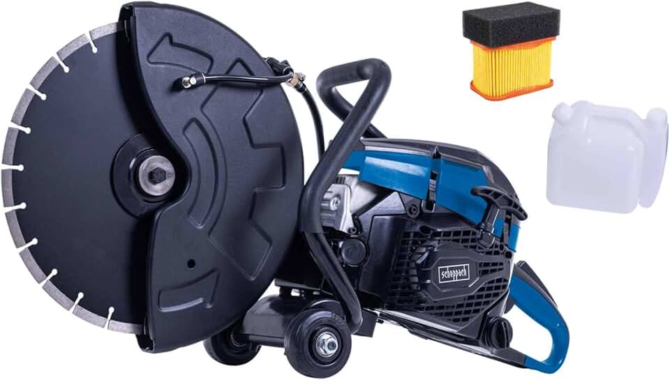etevert Scie à béton PTS400 | 2900 W | Disque de coupe Ø350 mm | Profondeur de coupe 120 mm | Moteur 2 temps de 3,95 CV / 65 cm³ | EasyStart | Découpeuse thermique béton | Filtre de rechange inclus