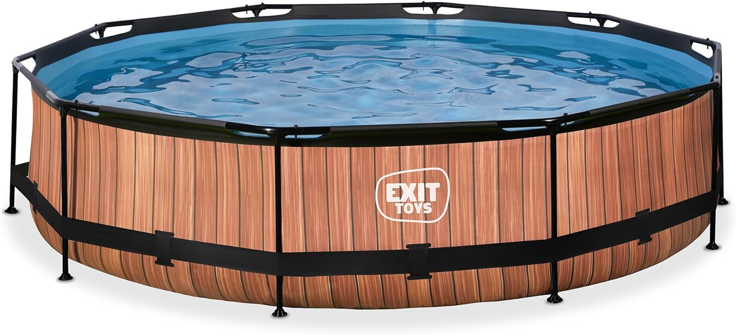 etevert Piscine Tubulaire Wood - ø360x76cm - Piscine Hors Sol Ronde Grande avec Pompe Filtrante à Cartouche - Entrée Basse - Idéal pour Les Jeunes Enfants - Cadre Stable - Design Unique - Marron