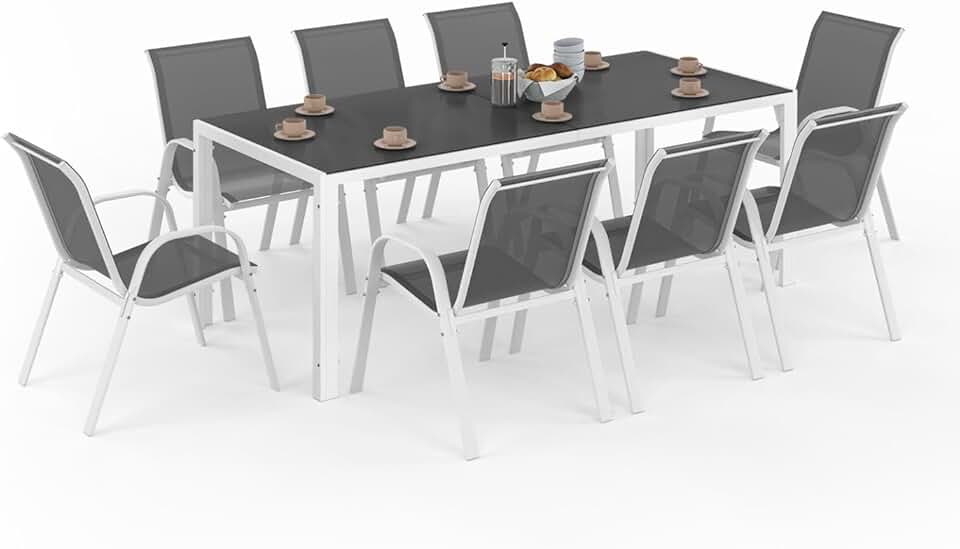 etevert - Salon Madrid - table 190 cm + 8 chaises empilables blanc/gris