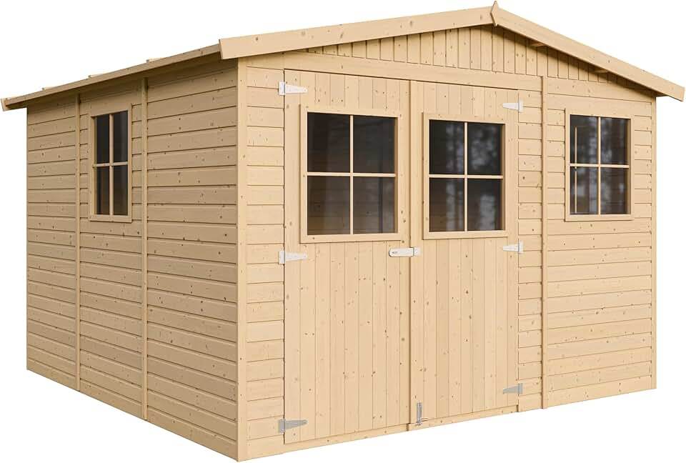 Abri de Jardin en Bois Naturel - Stockage extérieur avec fenêtres- H226x316x324 cm/9 m² Hangar en Bois Naturel - Atelier Rangement Outils et vélos- etevert M335