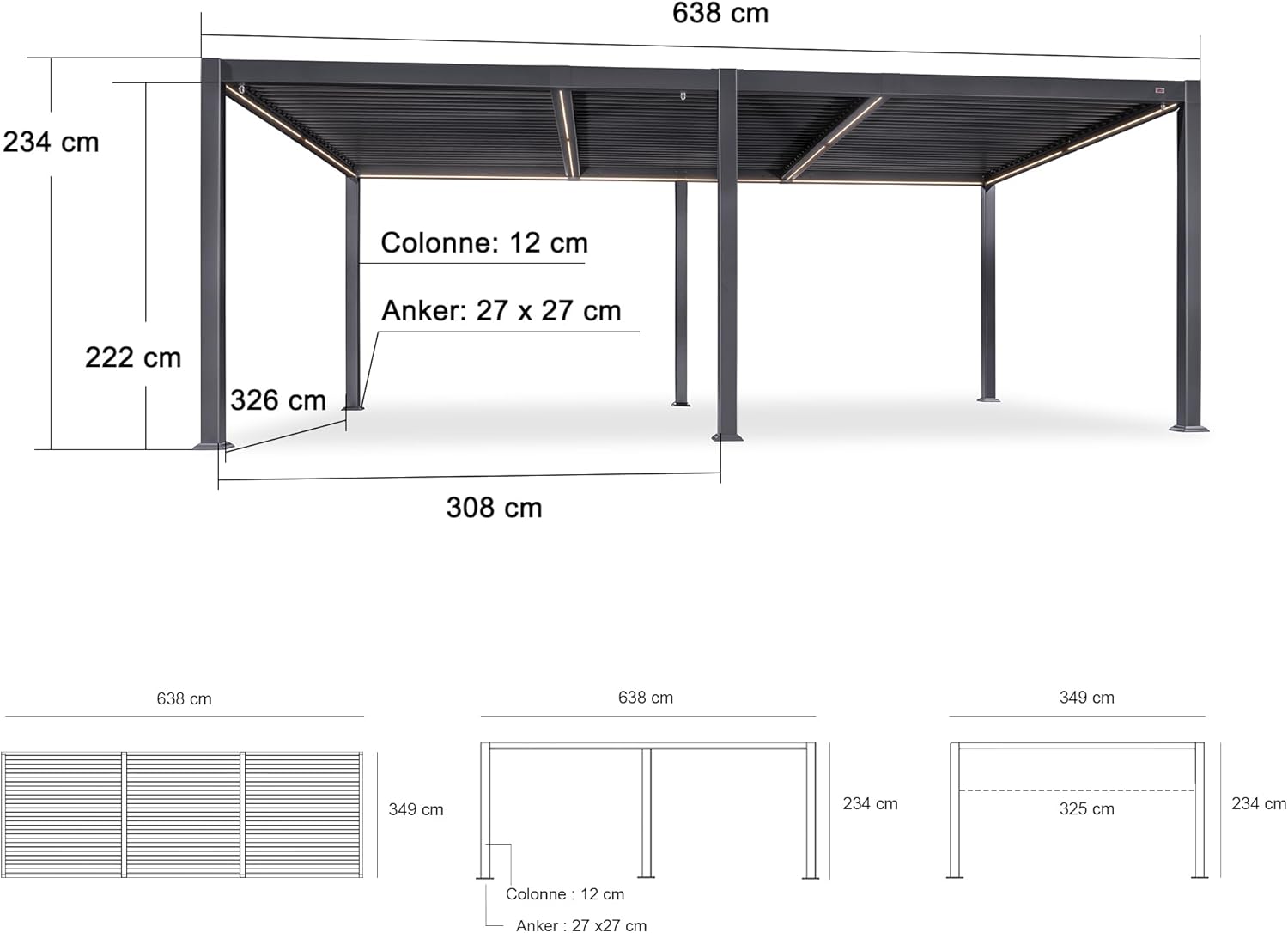 etevert - pergola bioclimatique - 3,5x6,35m - lames LED alu gris