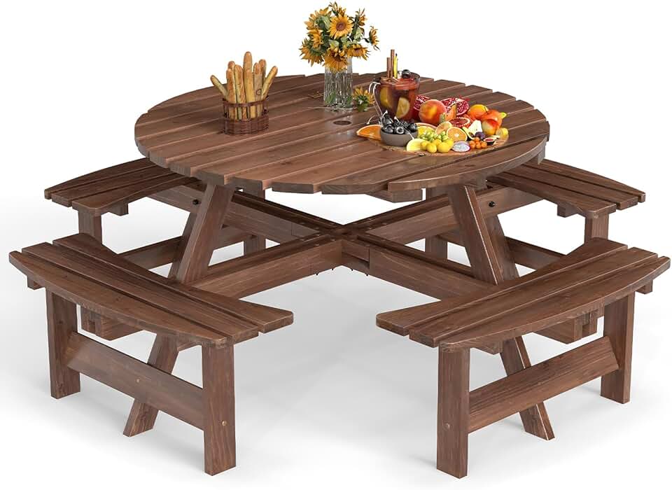 etevert - Table pique-nique ronde 8 places - 4 bancs intégrés, parasol 5cm, marron, 100+250kg