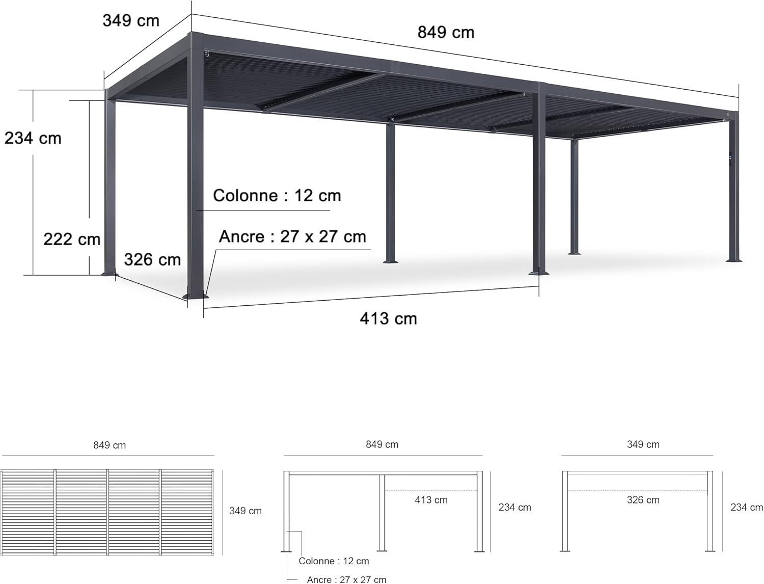 etevert - Pergola bioclimatique - 3,5x8,5m - aluminium, lames LED, étanche