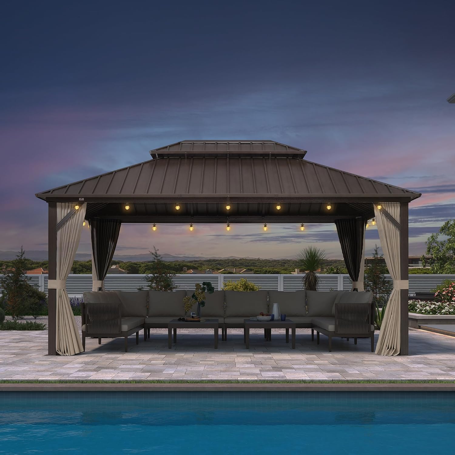 etevert - Pergola Toit Rigide - 4,85x3,65m - Aluminium, Rideaux, Guirlande