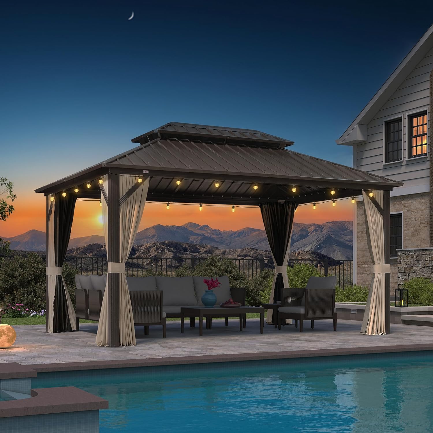 etevert - Pergola toit rigide - 4,25x3m - acier, aluminium, guirlande