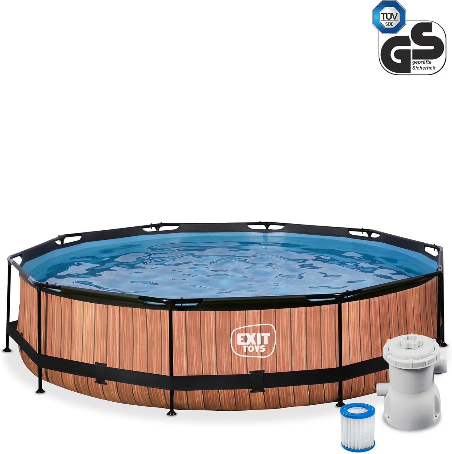 etevert Piscine Tubulaire Wood - ø360x76cm - Piscine Hors Sol Ronde Grande avec Pompe Filtrante à Cartouche - Entrée Basse - Idéal pour Les Jeunes Enfants - Cadre Stable - Design Unique - Marron