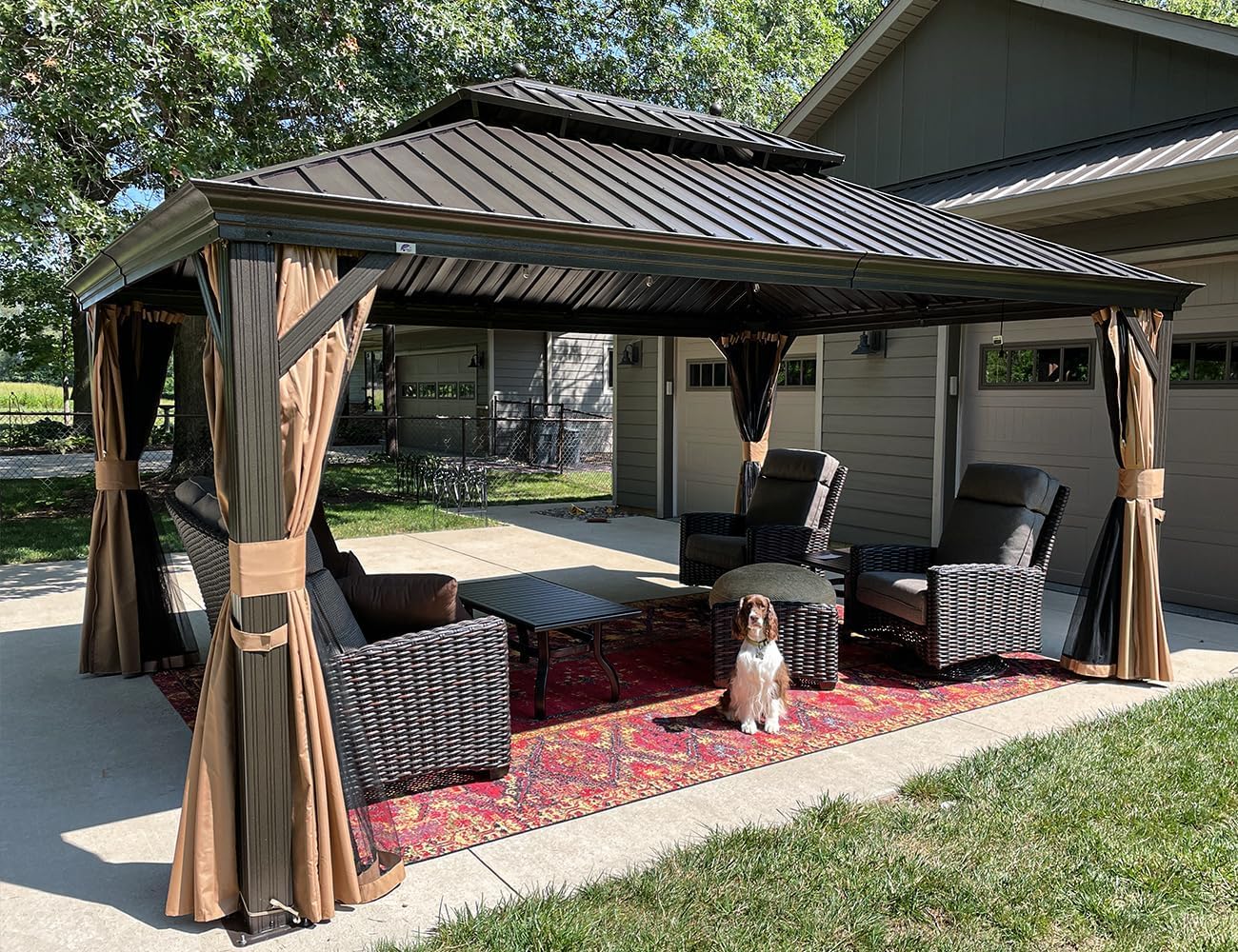 etevert - Tonnelle aluminium série éclairée - 4,85x3,65 m - gouttière, rideaux moustiquaires, poteaux renforcés, bro