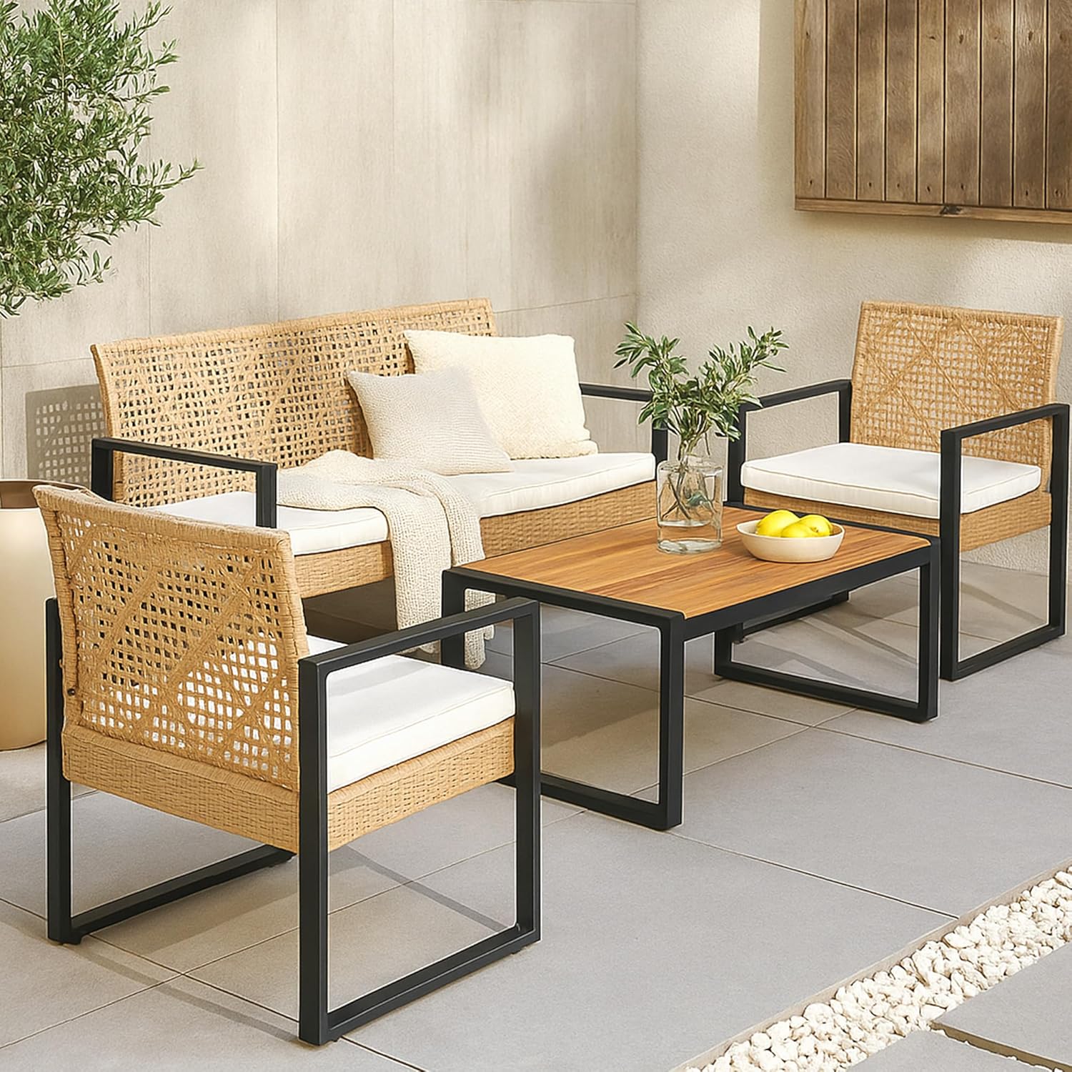 etevert - Salon de jardin 4 pièces, acier/acacia, 2 chaises + banc, beige/naturel