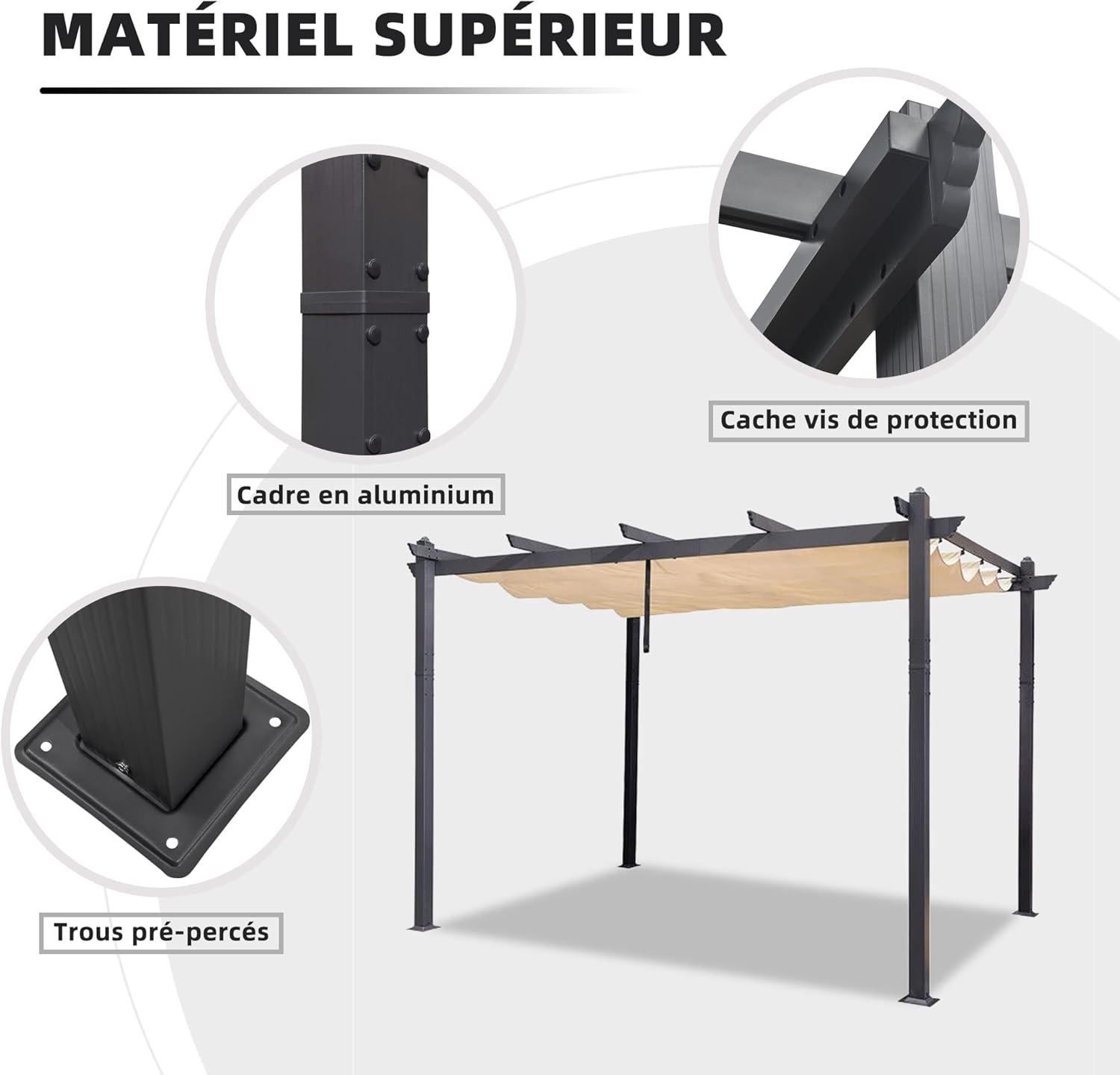 etevert - Pergola aluminium LED, toit rétractable, 4x3m, kaki
