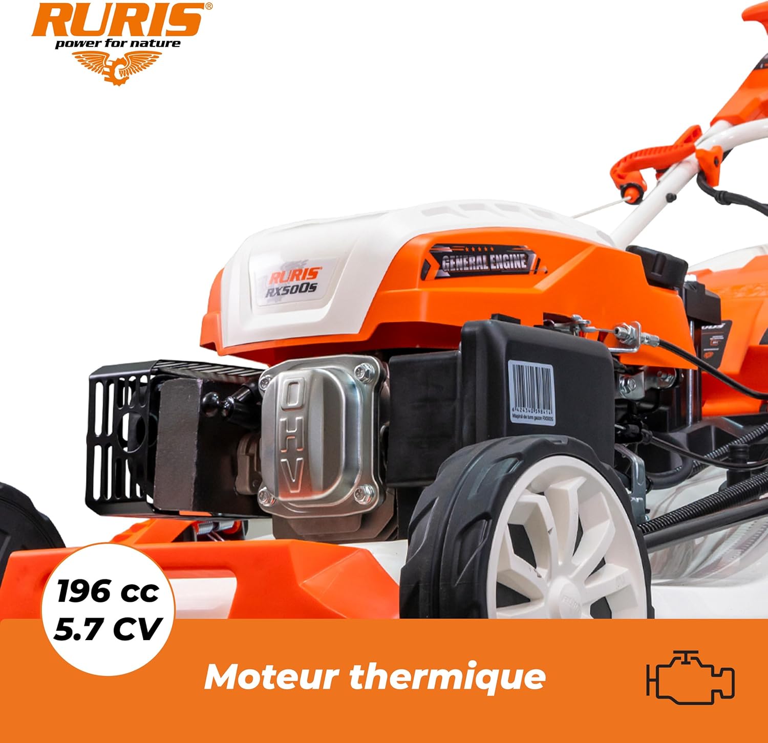 etevert Tondeuse à Gazon Thermique 5 en 1 Mulching 5,7 CV 196cc RX500S, Orange