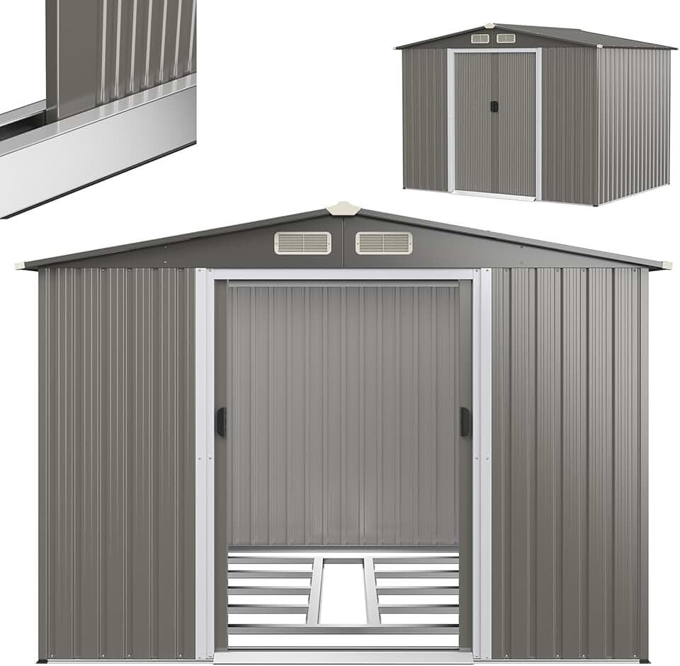 etevert Abri de Jardin en Tôle d’Acier Galvanisée avec Fondation et Double Porte Coulissante, Cabane à Outils avec Toit en Appentis et Volets 260X206,5 X 108 CM (Toit Gris foncé)