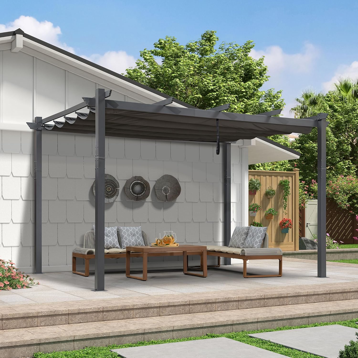 etevert - Pergola murale série aluminium 4x2,7m toit coulissant, tissu teint, gris