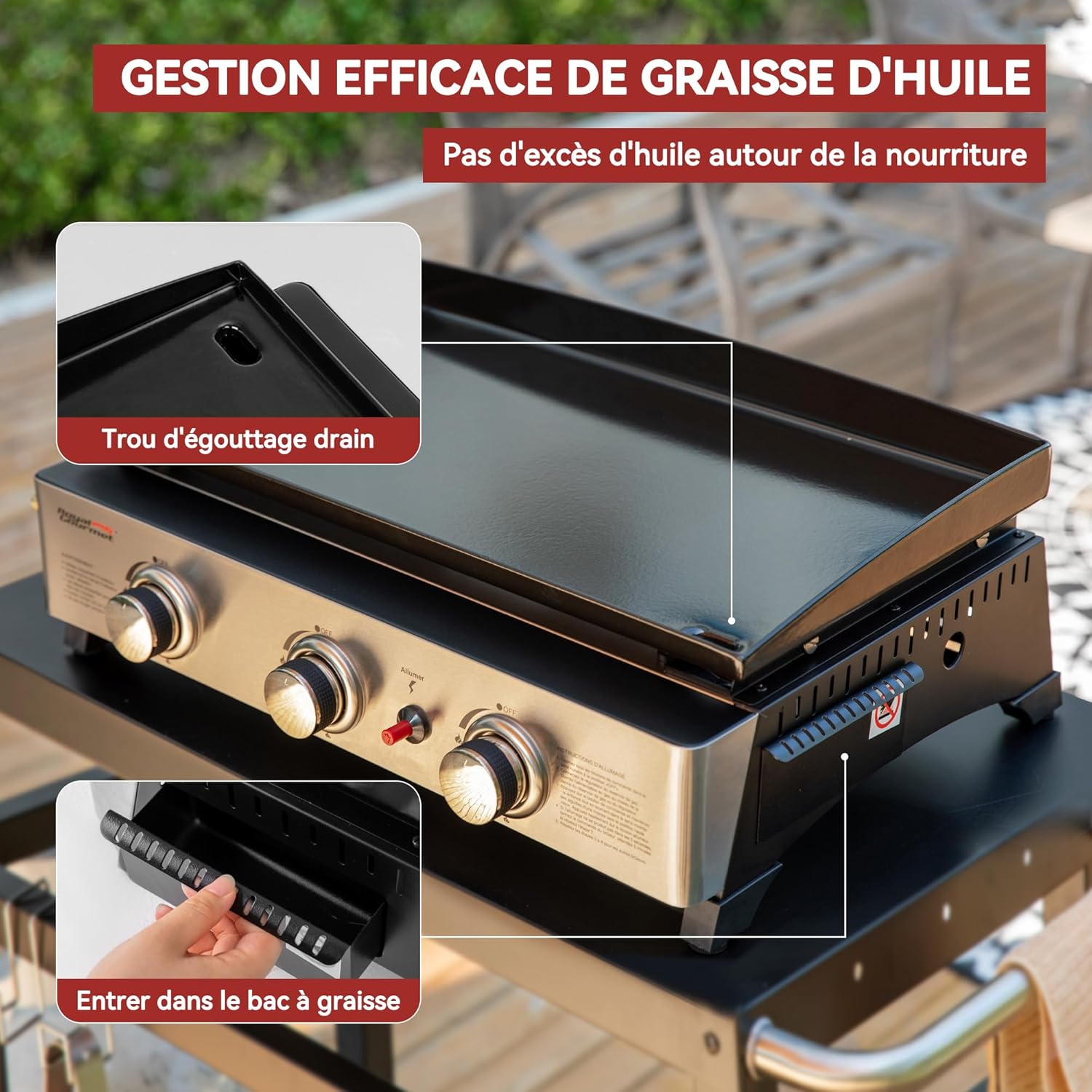 etevert - Plancha Gaz 3 brûleurs - 62x35,5 cm - acier émaillé, portable, 7.5kW