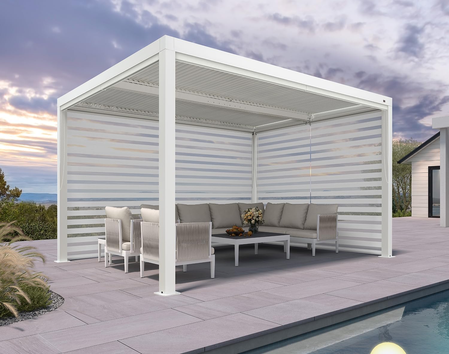 etevert - pergola bioclimatique - 4,24x3m - aluminium, stores enrouleurs, lames orientables