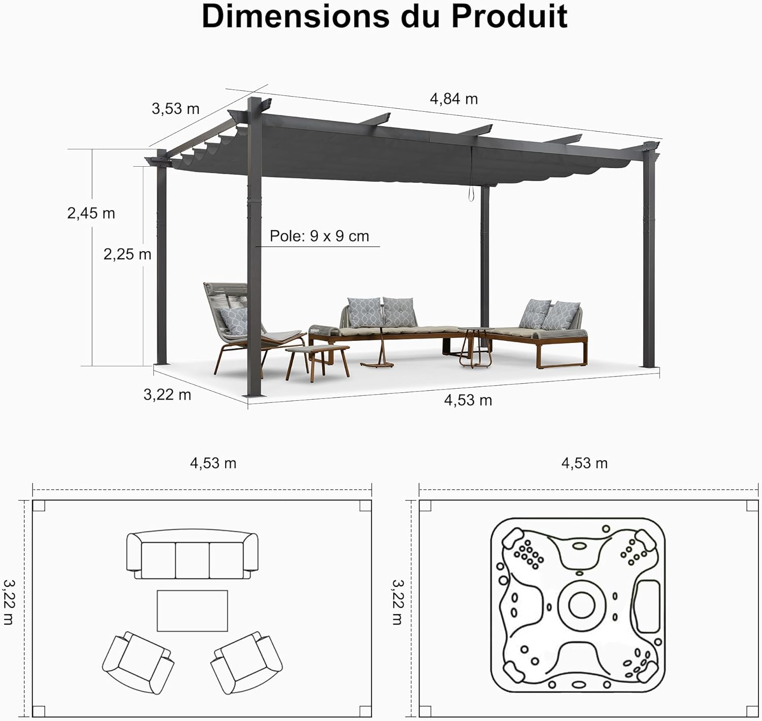 etevert - Pergola aluminium - 4,8x3,5m - toit coulissant, tissu teint en fil, gris