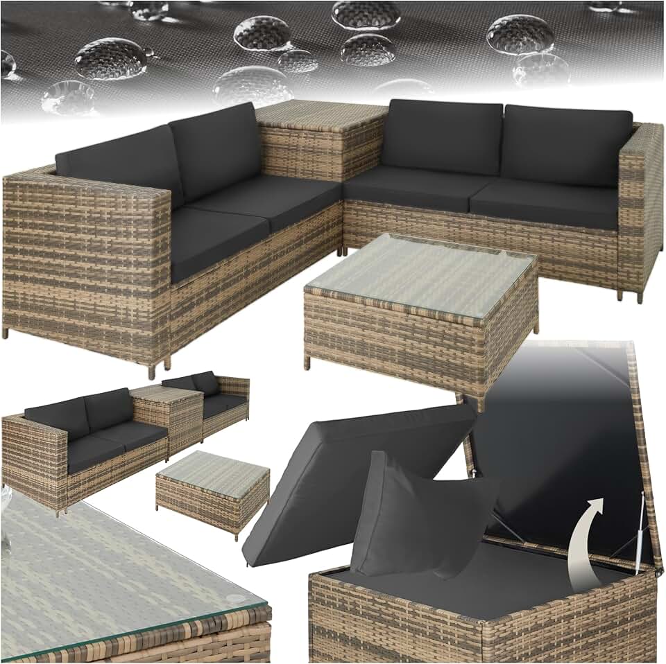 etevert - Ensemble salon Poly Rotin 4 pers. modulable, coffre, verre