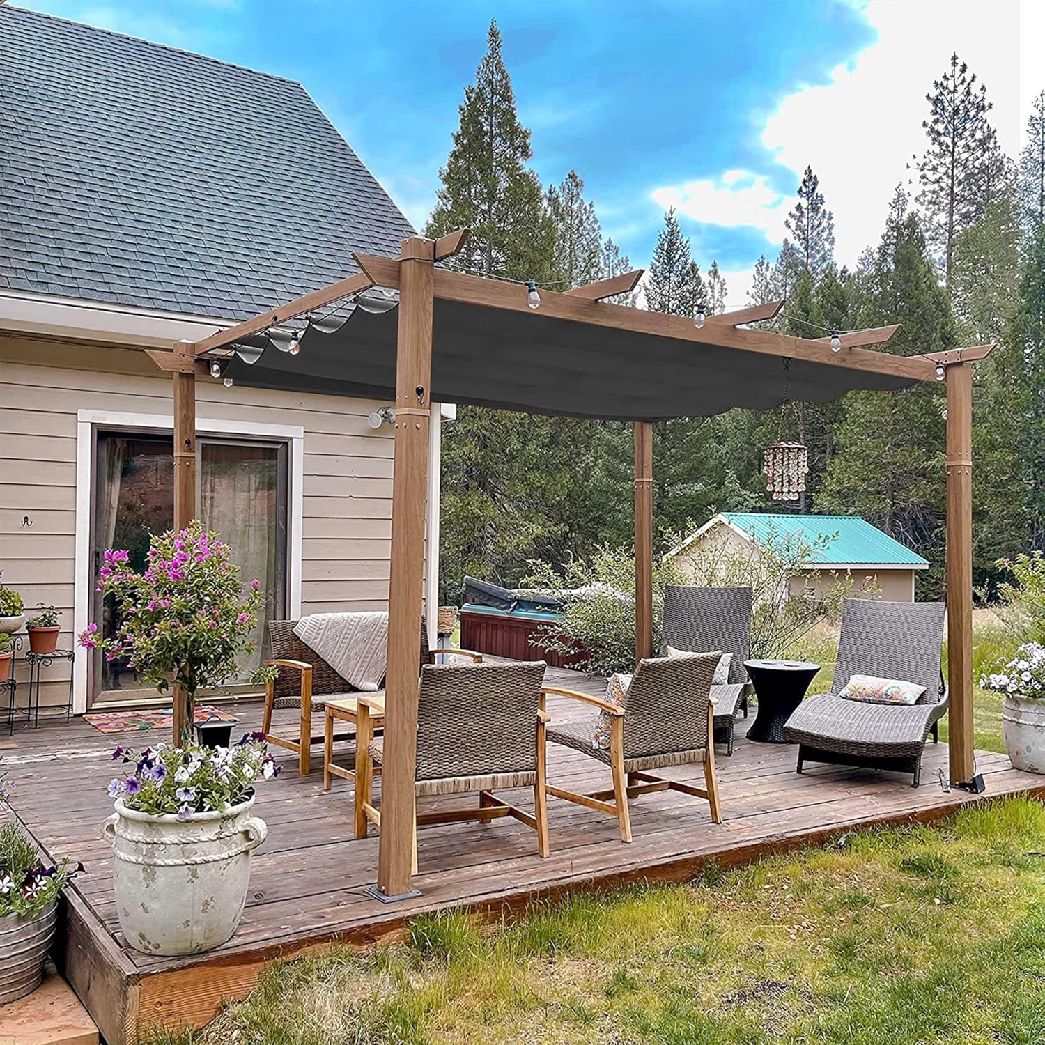 etevert - Pergola aluminium - 4x3m - toile rétractable, teck, imperméable