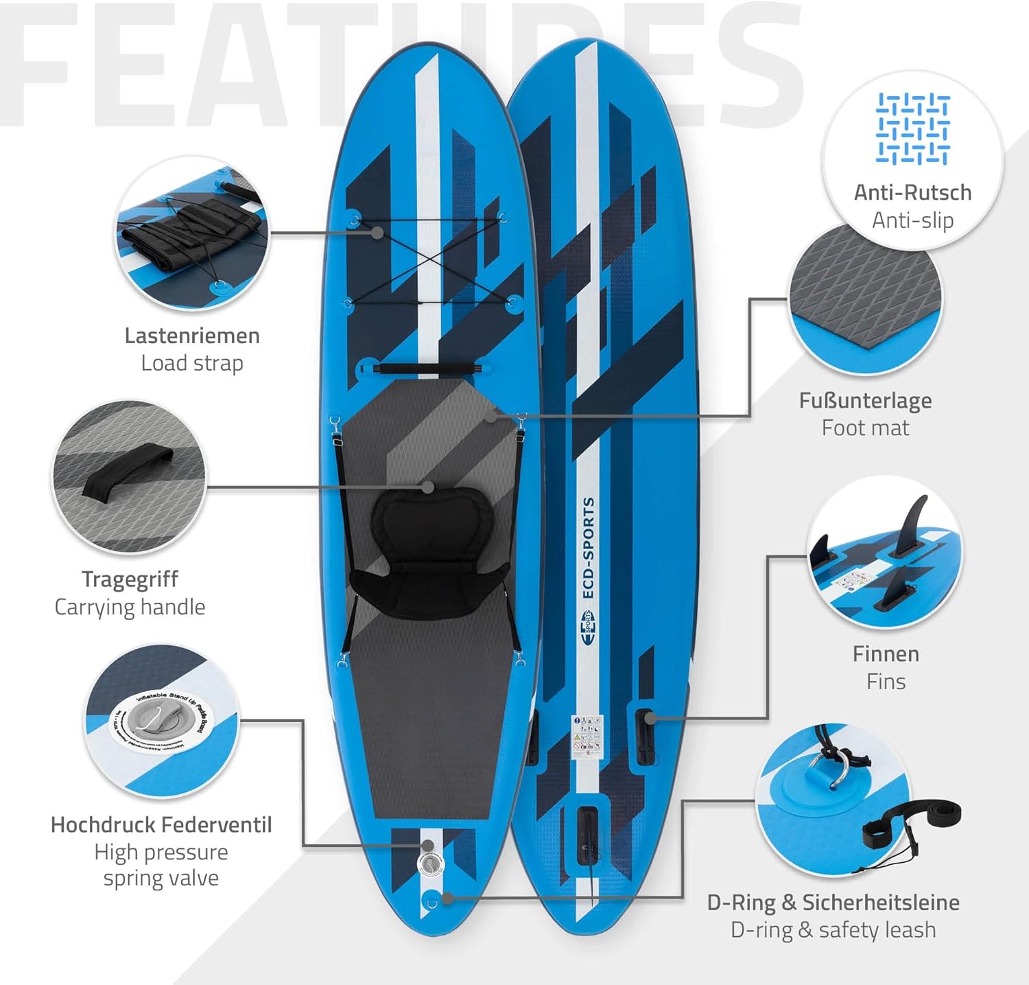 etevert Stand Up Surf Paddle Board Gonflable 305/308/320/380 cm | PVC | jusqu'à 120/150 kg | Épaisseur 10/15 cm | Planche de Surf Pagaie Sac de Transport Pompe à Air | Diverses Couleurs Modèles