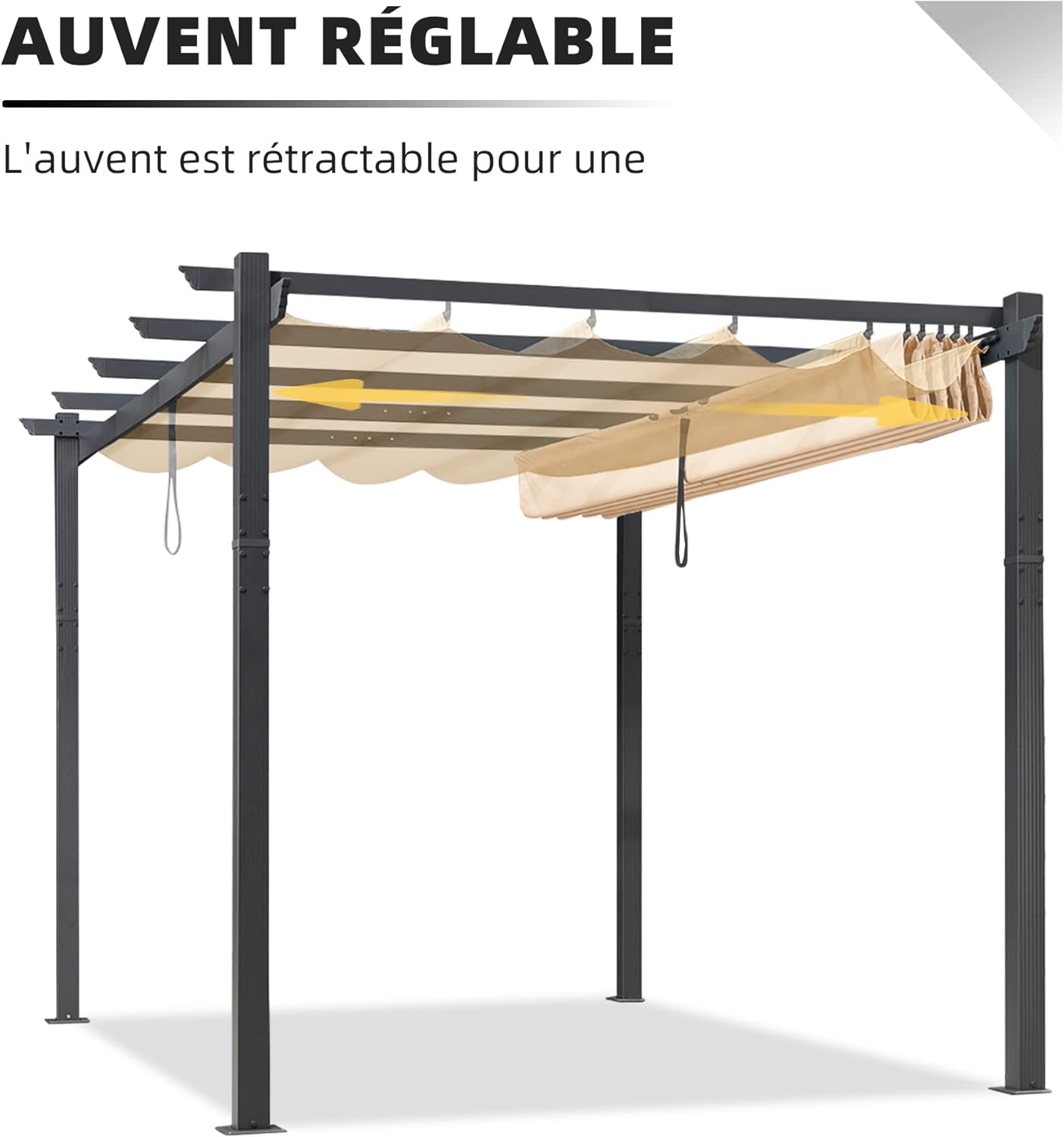 etevert - Pergola aluminium LED, toit rétractable, 4x3m, kaki